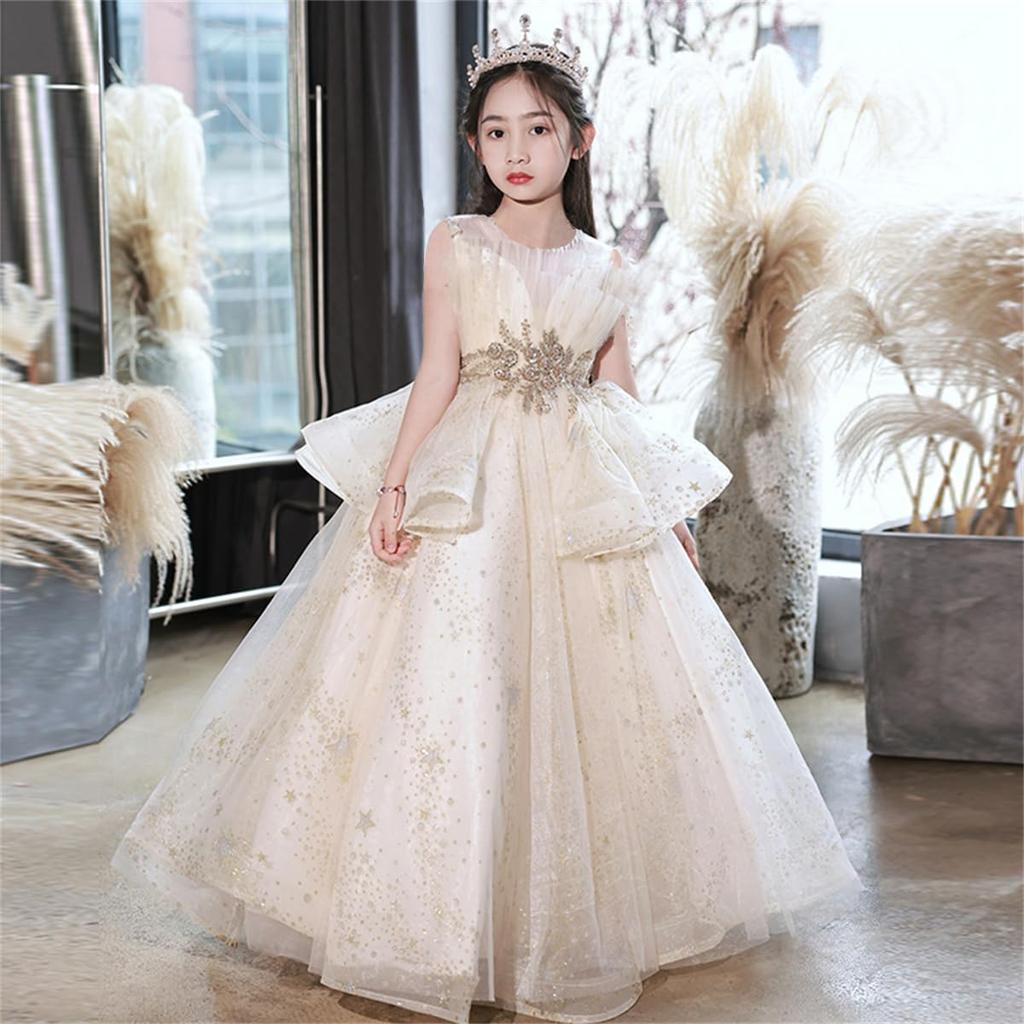 HOLRAFAN Récital de piano Robe élégante et luxueuse sans manches avec étoile Robe de soirée pour la scène et tailles Taille Robe enfant, Robe, Motif, Filles,