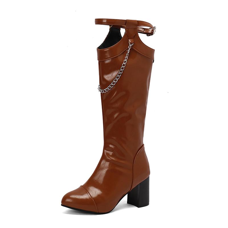 FOREADA Women Knee High Boots Round Toe Chunky High Heels Chain Buckle Zipper Long Boots Ladies Fashion Shoes Autumn Winter 46