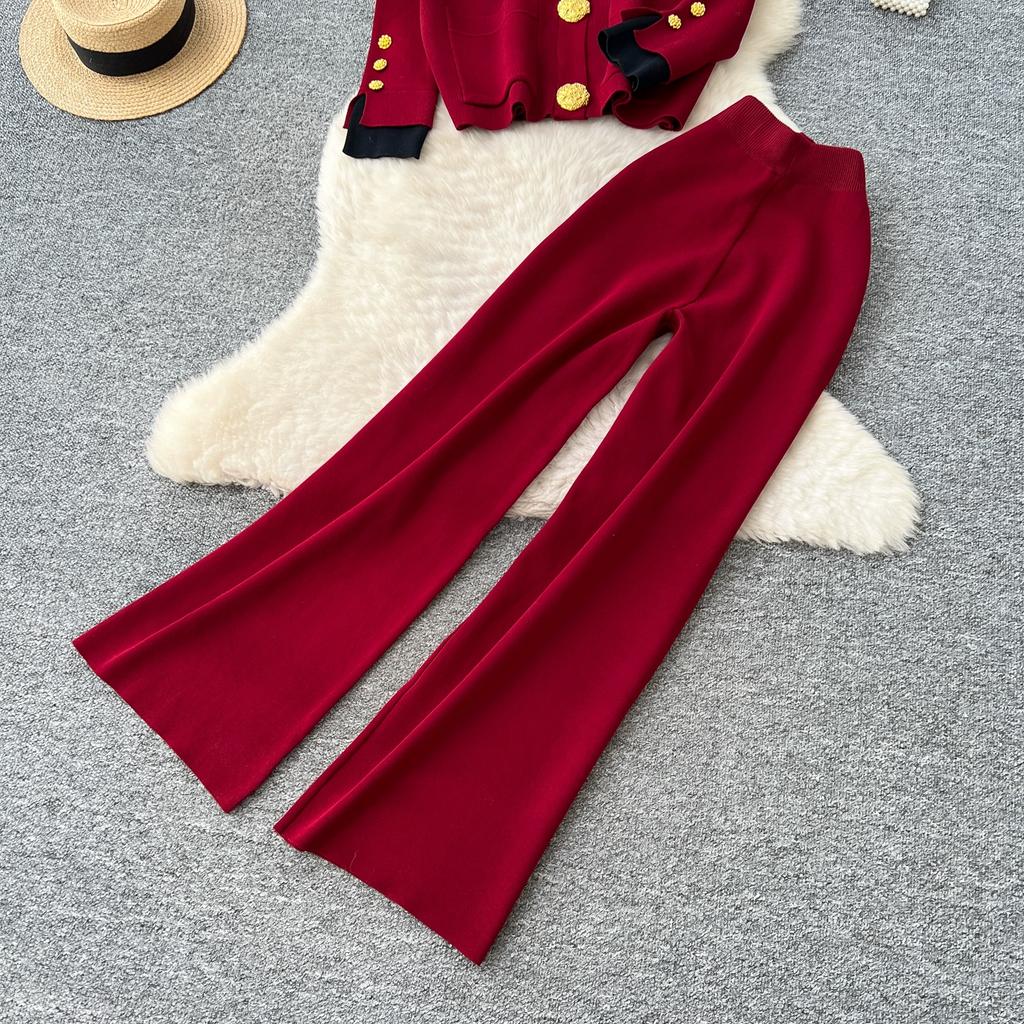 Autumn Winter Women Casual Knitted Sweater Trouser Two Piece Set Big Gold Button Single Breasted Jacket Tops and Elastic Waist Pant Tracksuit