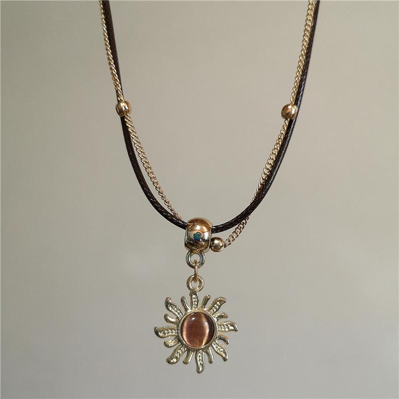 Thorn Black Heart Brown Moonstone Sun Pendant Rope Chain Necklace For Women Punk Y2K Charms Grunge Hip Hop Gothic Accessories