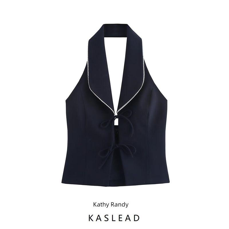 Kaslead New Arrival Women's Clothing Fashion Style Fashion Bowknot Decoration Patchwork Hanging Collar Tops 2119550