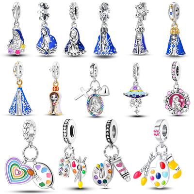 925 Sterling Silber Künstler-Farbpalette Jungfrau von Guadalupe Anhänger Charm-Perle Passend für Original Halskette Armband Schmuck Damen DIY