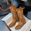 Fashion Denim Ladies Mid Calf Shoes Autumn Middle Heel Cowgirl Women's Half High Boots Cowboy Comfortable and Elegant Chic Footwear Y2k