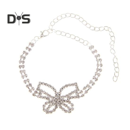 

Женский браслет на щиколотку в форме бабочки со стразами, регулируемая длина, двухслойная цепочка на щиколотку из сплава, ювелирные изделия для ног серебряный