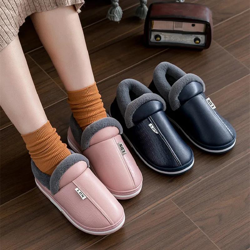 Papuci de piele PU pentru femei bărbați de interior impermeabili de casă cu blană pentru cuplu masculin plat pentru cupluri de femei iarnă șlapi pantofi antiderapanți