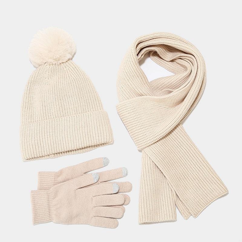 Autumn and Winter New Women's Knitted Hat Scarf Gloves Three-piece Outdoor Thickened Warm Hairball Wool Hat Set