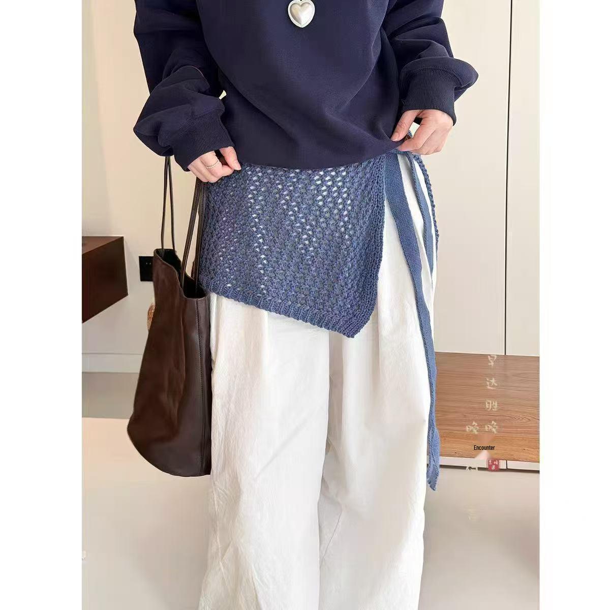 Korean Style Irregular Strappy Knit Midi Skirt with Hollow Design
