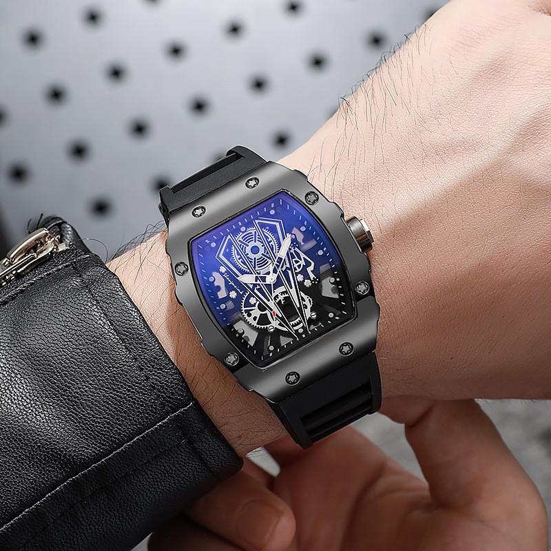 Hollow Richard Wine Barrel Shape Quartz Watch For Men Business Calendar Silicone Strap