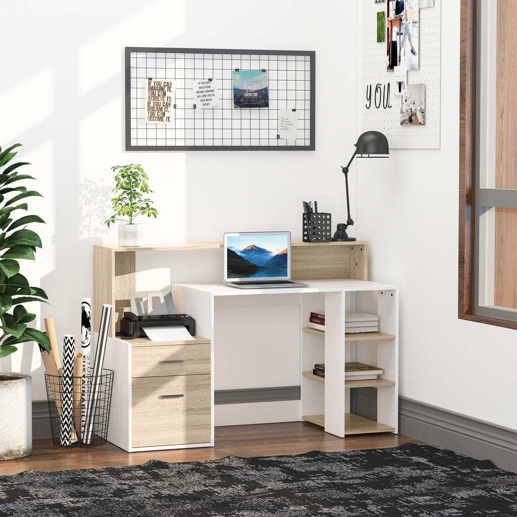 Computer Desk with 2 Drawers, Desk with Storage, 137 x 55 x 92 cm, Open Shelves and Shelf