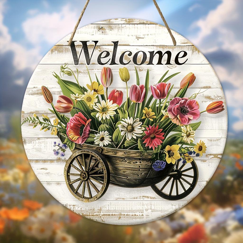 A welcome sign with pattern design -1 round artificial wood hanging sign, suitable for home, room, festival, coffee shop