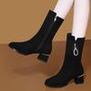 Women's Mid-Calf Martin Boots with Velvet Lining - British Style, All-Match Thick Medium Heels, Height-Enhancing Winter Cotton Boots