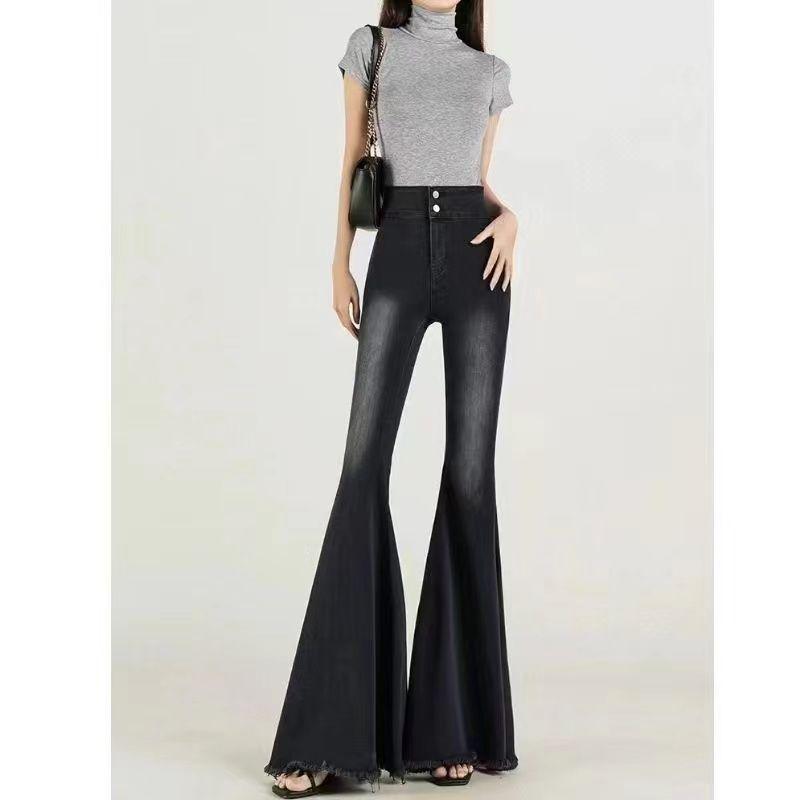 

Petite High Waist Fishtail Slim Fit Black Gray Stretch Flare Jeans with Vintage Frayed Hem Small