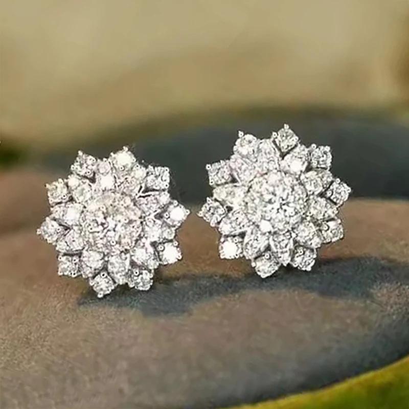 Dazzling Flower Shaped Stud Earrings Full with CZ for Women Daily Wear Temperament Accessories Fancy Gift Fashion Jewelry