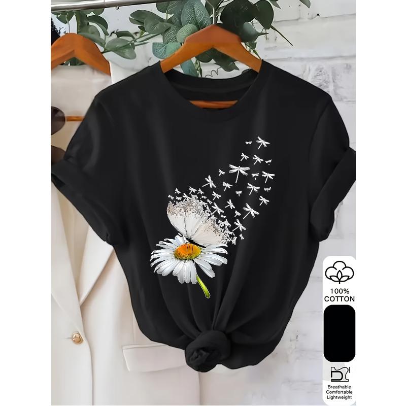 European Sizes Women's Daisy & Dragonfly Print T-Shirt - Short Sleeve Crew Neck Casual Top, Breathable Regular Fit Machine Washable Spring Summer Tee