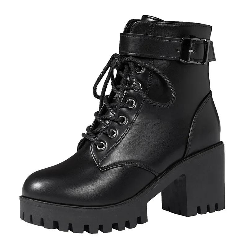 Fashion Women Lace-up Ankle Boots Women Winter Fashion Buckle Strap Platform Combat Short Boots Woman Thick Plush Pu Leather Botas Mujer