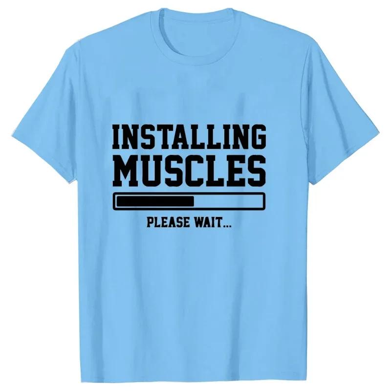 T Shirt for Men Oversized Men's T-shirt Summer Stylish Sweatshirt Installing Muscles Please Wait Print Style Short Sleeve Tees