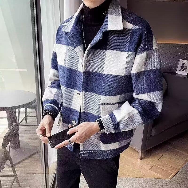 

Men s Plaid Wool Coat - Autumn/Winter 2025 Casual Loose Lapel Jacket L синій
