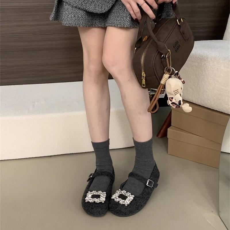 Flat bottom gray felt square head rhinestone single shoes 2025 autumn and winter velvet Mary Jane wool shoes