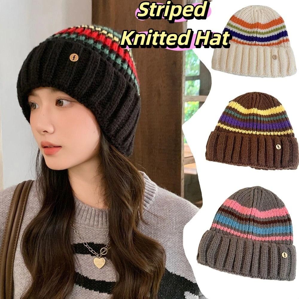 Trendy Casual Wool Hat Vintage Winter Pullover Hat Fashion Striped Knitted Hat  Outdoor
