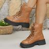Brown Pu Leather Platform Ankle Boots Women Fashion Lace Up Short Plush Winter Boots Woman Plus Size 43 Non Slip Short Booties