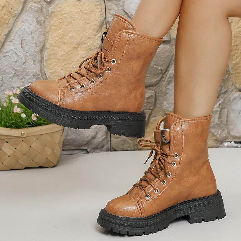 Brown Pu Leather Platform Ankle Boots Women Fashion Lace Up Short Plush Winter Boots Woman Plus Size 43 Non Slip Short Booties