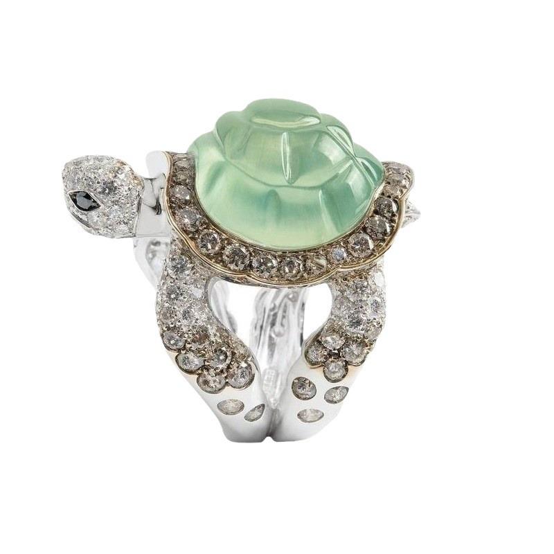 Jianjie Green Turtle Ring with Black and Brown Diamonds