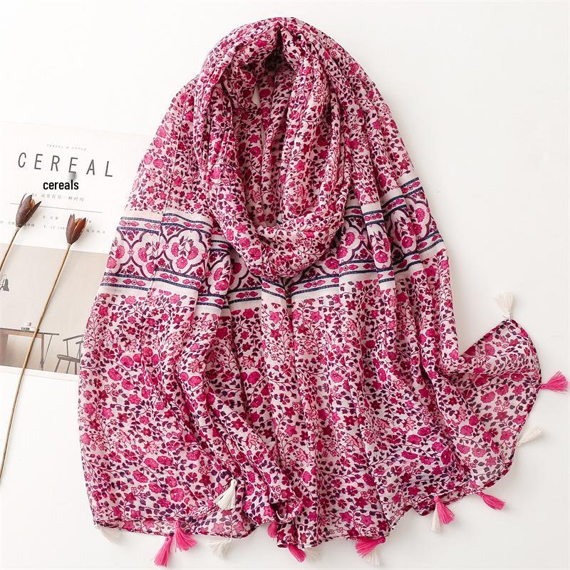 "Bali Yarn Cotton-Linen Scarf: Fresh Solid Color, Fruit Green & Bright Yellow Leaf Print with Tassel Detail"