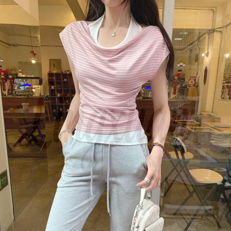 2026 New Arrival: Women s One-Shoulder Striped Halter T-shirt with Cinched Waist – Trendy Summer Style Small