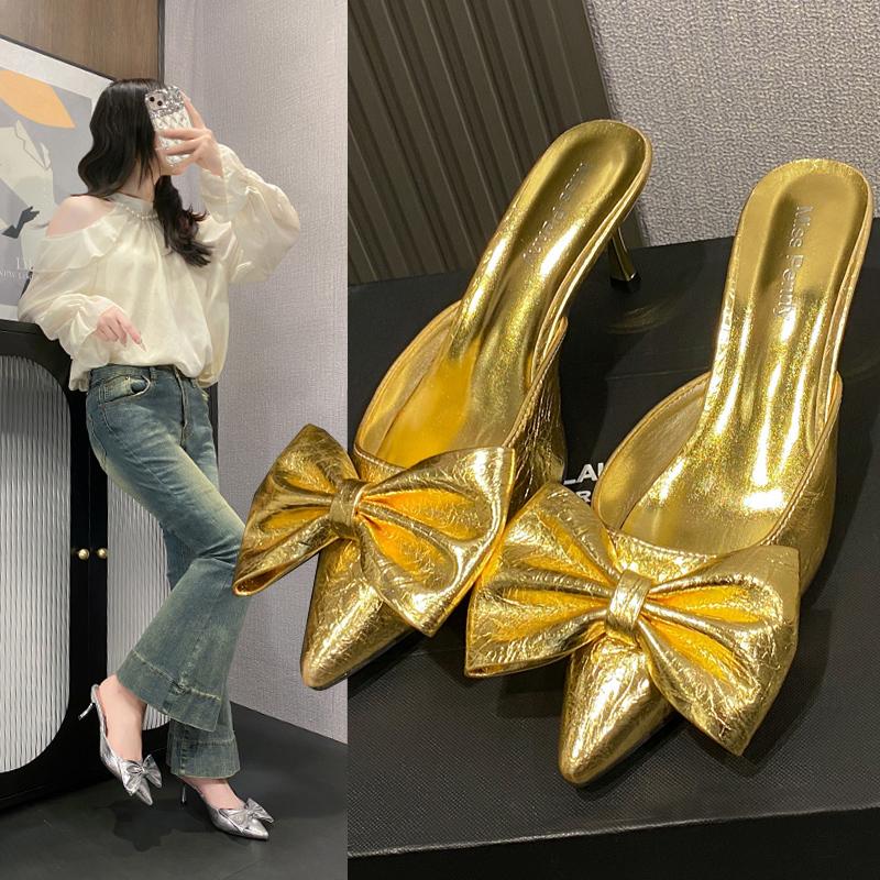 Bow Silver Autumn New Water Diamond Pointed Toe Bridal Style High Heels Women's Thin Heels Party Shoes