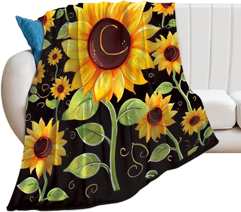 Flannel Fleece Throw Blanket Warm Cozy Pet Blanket Winter Reversible Decorative Cute Sunflower Bedtime Blankets for Couch Bed