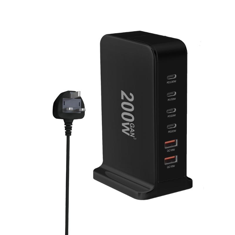 USB C Ladegerät 200W Schnellladegerät Block 6 Port Ladestation Ziegelstein Laptop-Ladegerät 2 USB + 4 Typ C für Reisen Zuhause