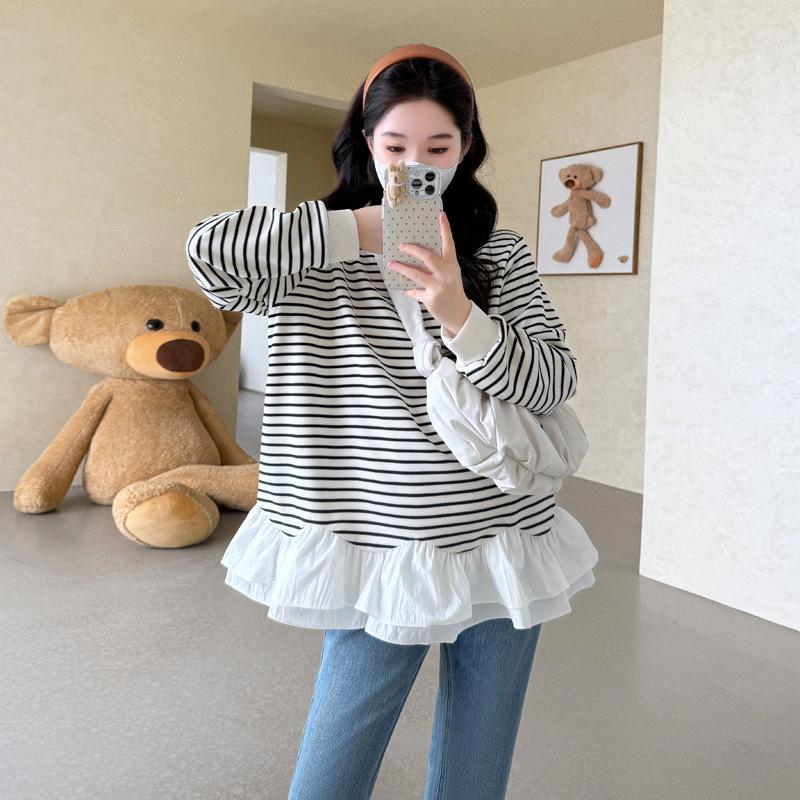 2026 Autumn Maternity Striped Loose-Fit Long-Sleeve Sweatshirt Large