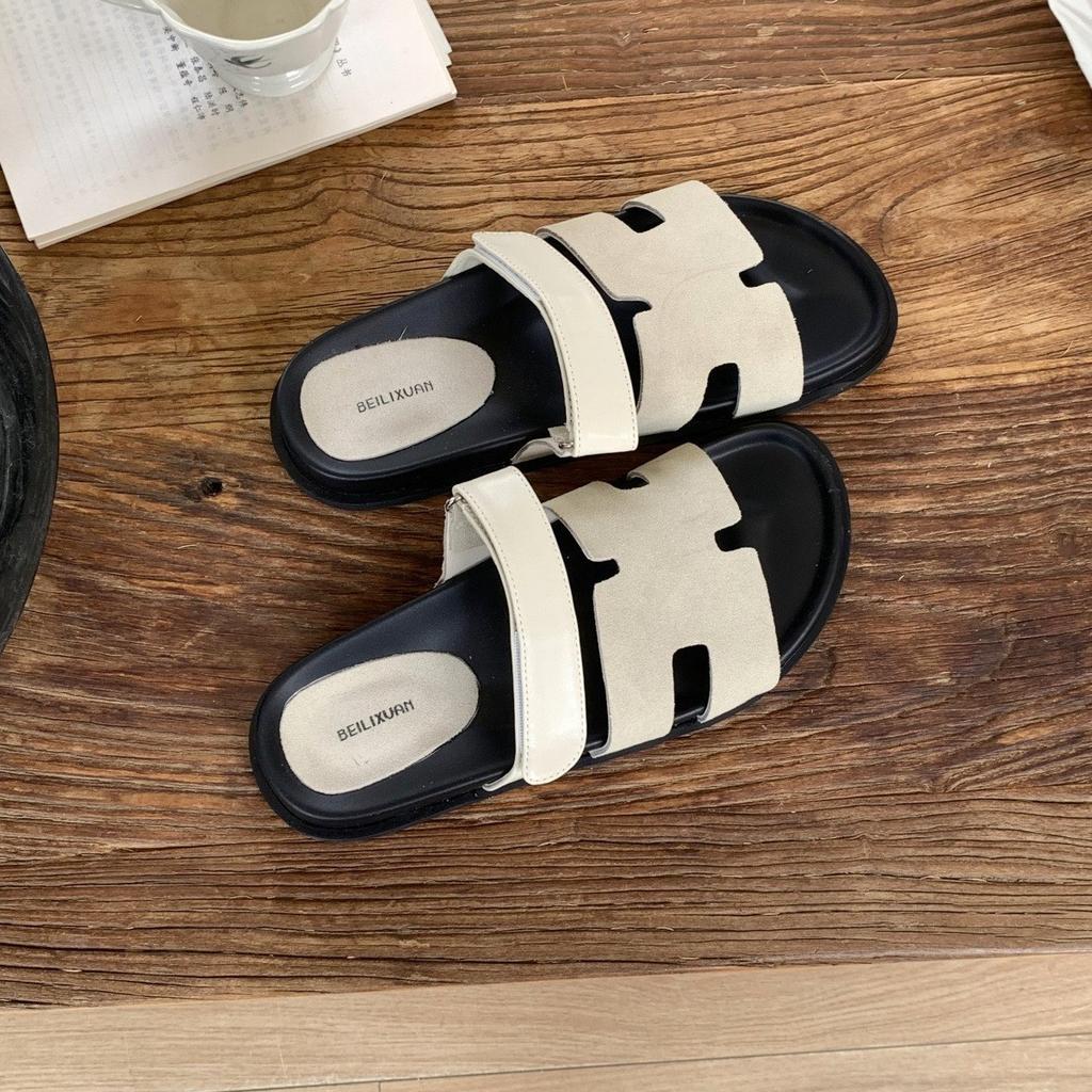 Seattle Holiday~ 2025 Summer New Thick-bottomed Velcro One-word Strap Wear Second Uncle H Slippers Women's Leather