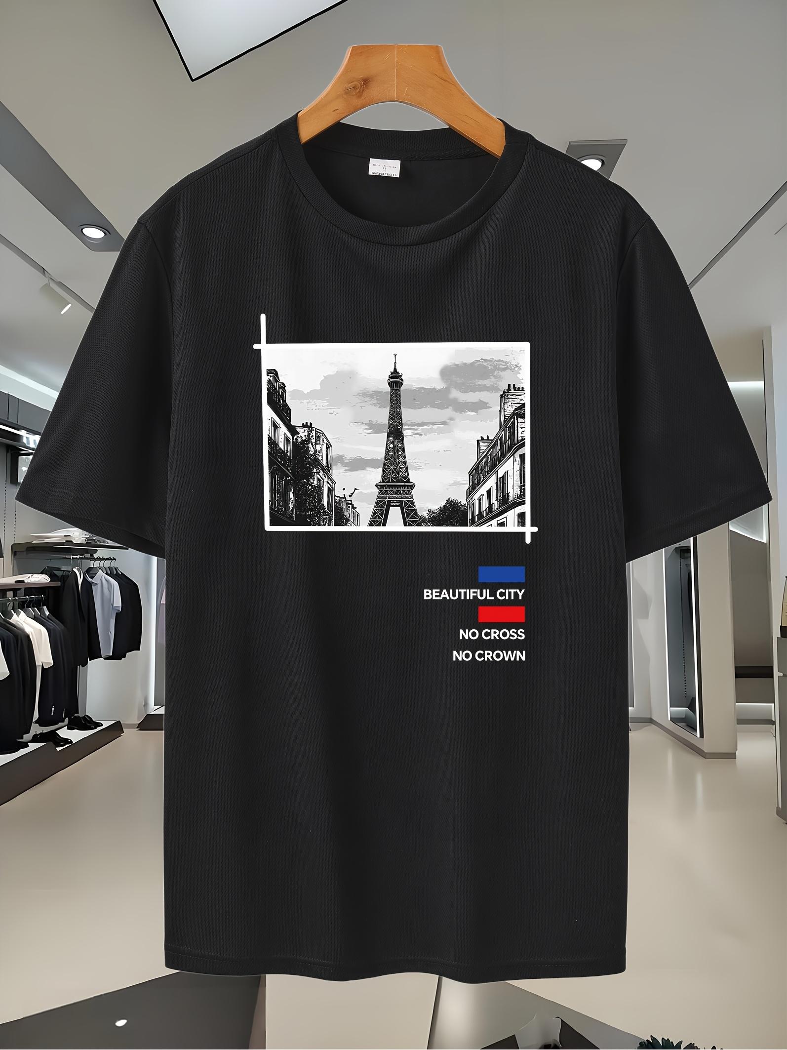 Breathable Mesh Sport T-shirt with Paris Eiffel Tower Graphic Print - Navy Blue Gym Running Tee XXL