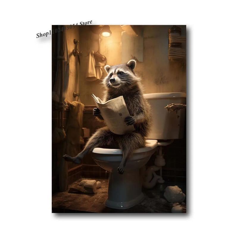 Funny Bathroom Dog Animal Sitting On The Toilet Reading A Newspaper Art Poster Canvas Painting Wall Prints Picture Home Decor