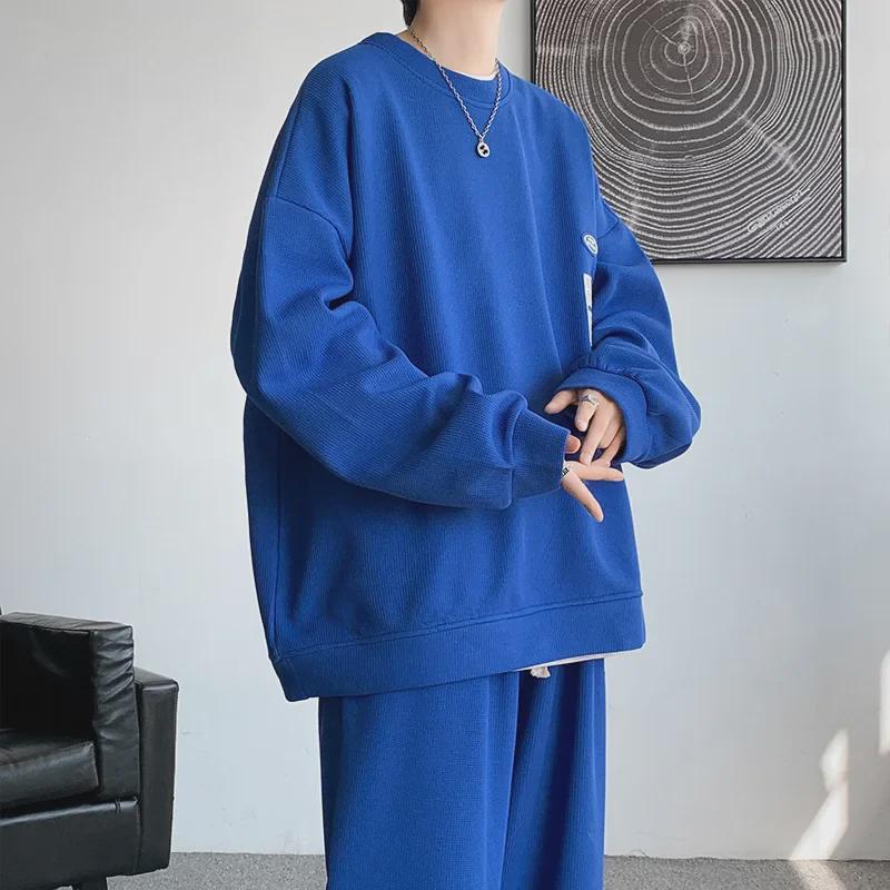 Men's Waffle Knit Sportswear: Street Style Sweatshirt & Straight Sweatpants Two-Piece Set for Spring & Autumn.