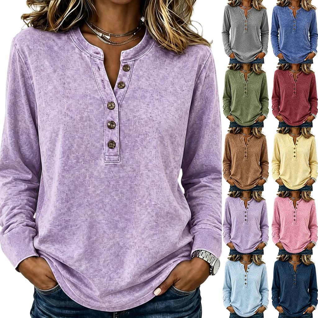 Camicia da Donna Retro a Maniche Lunghe Scollo a V Bottoni Vestibilità Larga Usurata Top