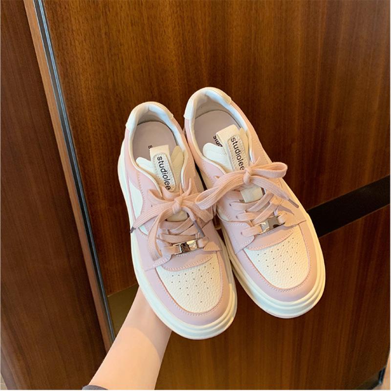2025 new spring and autumn women's shoes sports and leisure versatile little white shoes color matching round head breathable lace thick baseplate sh