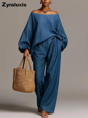 Conjunto de dos piezas de moda para mujer, pantalones de pierna ancha de un solo hombro, imitación de mezclilla