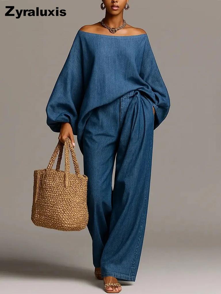 Women's New Fashion Fake Denim One-Shoulder Wide Leg Pants Two Piece Set Outfit