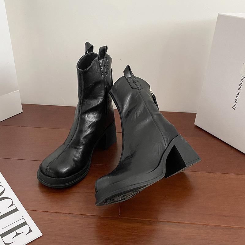 2025 autumn and winter new white thick-heeled short boots women's leather versatile thick-soled British Martin boots high-heeled thin boots