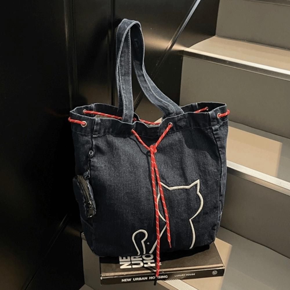 Denim Women Tote Bags Vintage Drawstring Bag Stylish Kitty Shoulder Bags  Handbag