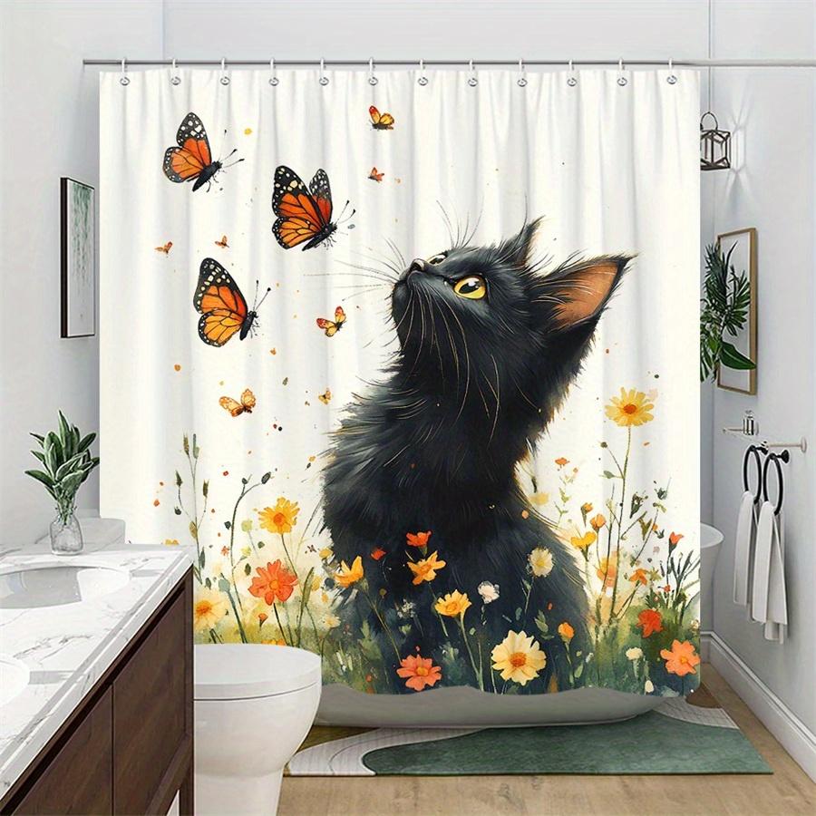 1Pc Black Cat Yellow Eyes Shower Curtain - Polyester Fabric, Machine Washable, Suitable For Bathroom Decoration