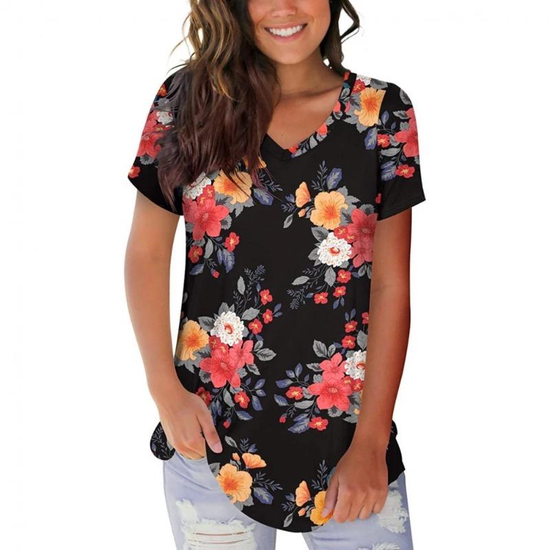 Summer Women Elegant V-Neck Short-Sleeved Maple Leaf Print Short Sleeve V-Neck T Shirt for Women Fashiont-Shirt