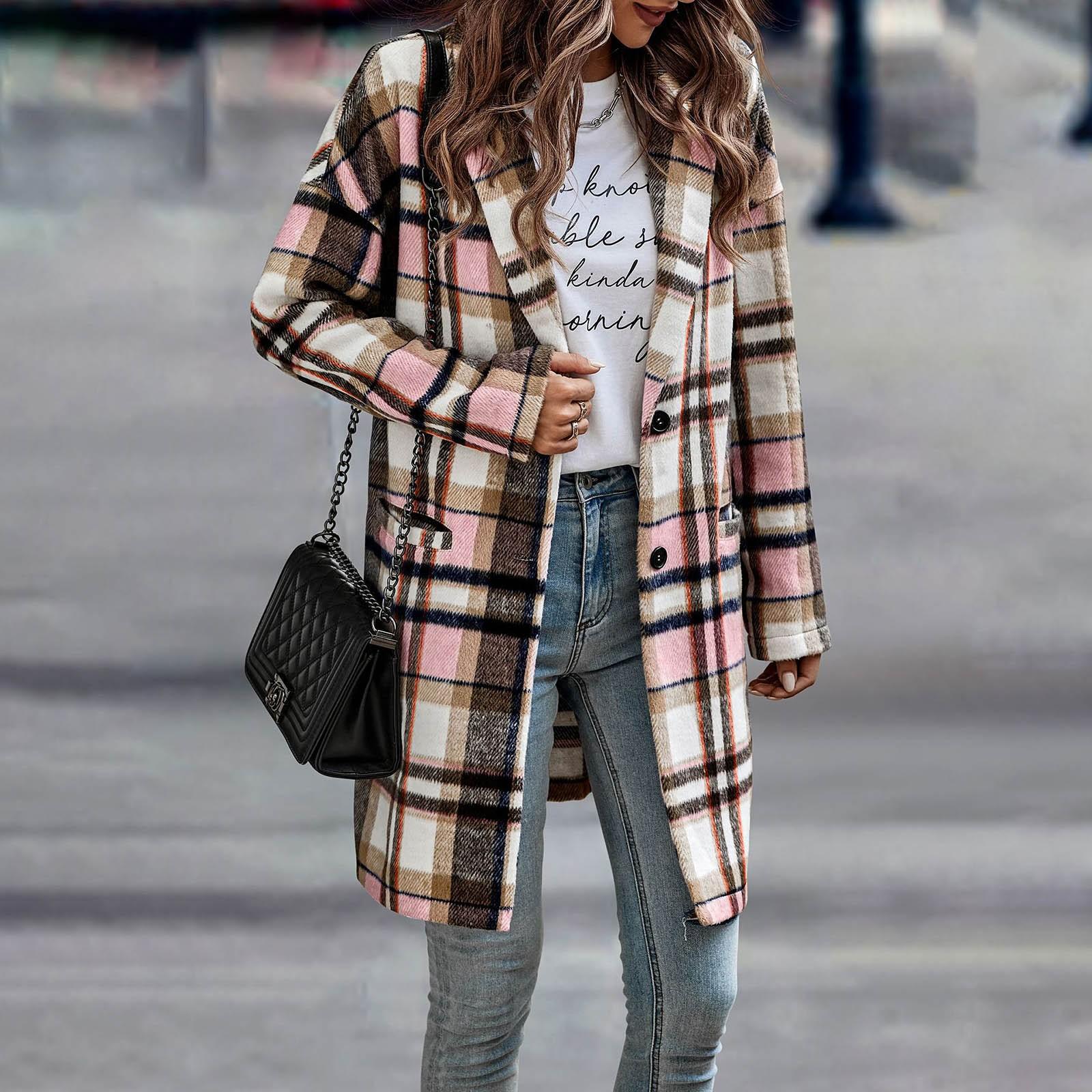 

Женское И Зимнее Темпераментное Пальто с Карманами в Клетку на Пуговицах с Длинным Рукавом L розовый