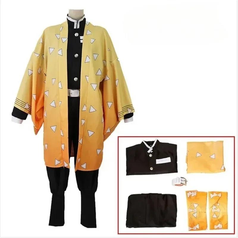 Adulte/enfants Anime Agatsuma Zenitsu Cosplay Costume Perruque Chaussures Hommes Kimono Jaune Cape Tenues