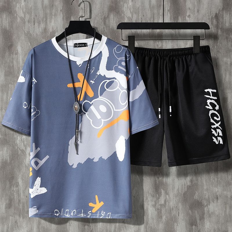 Summer Tshirt Shorts 2 Pieces Set White Tracksuit Men's Letters Print Vintage Streetwear Creative Pattern Men Sets Short Outfits
