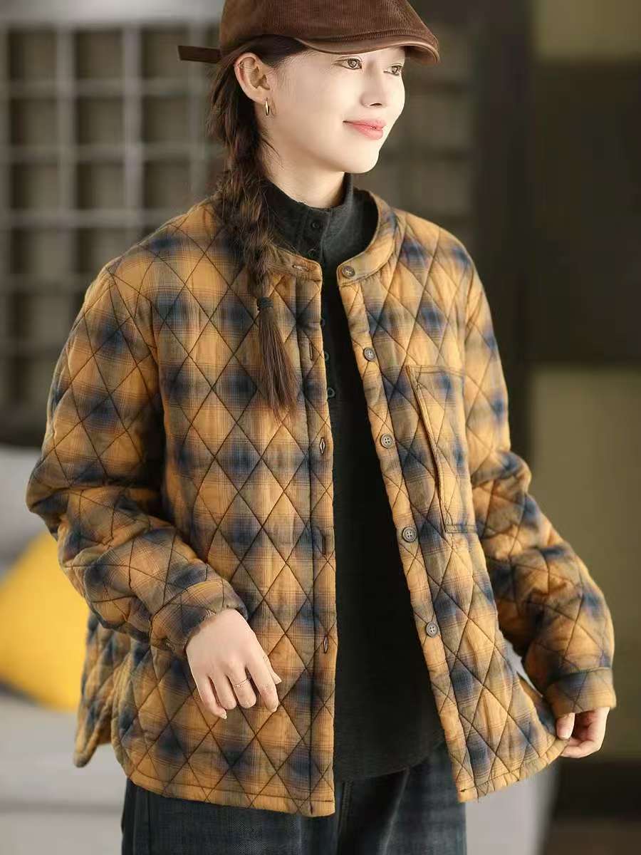 

Johnature Women Vintage Plaid O-Neck Long Sleeve Coats Winter Button Warm Chinese Style Female Coats One Size жовтий