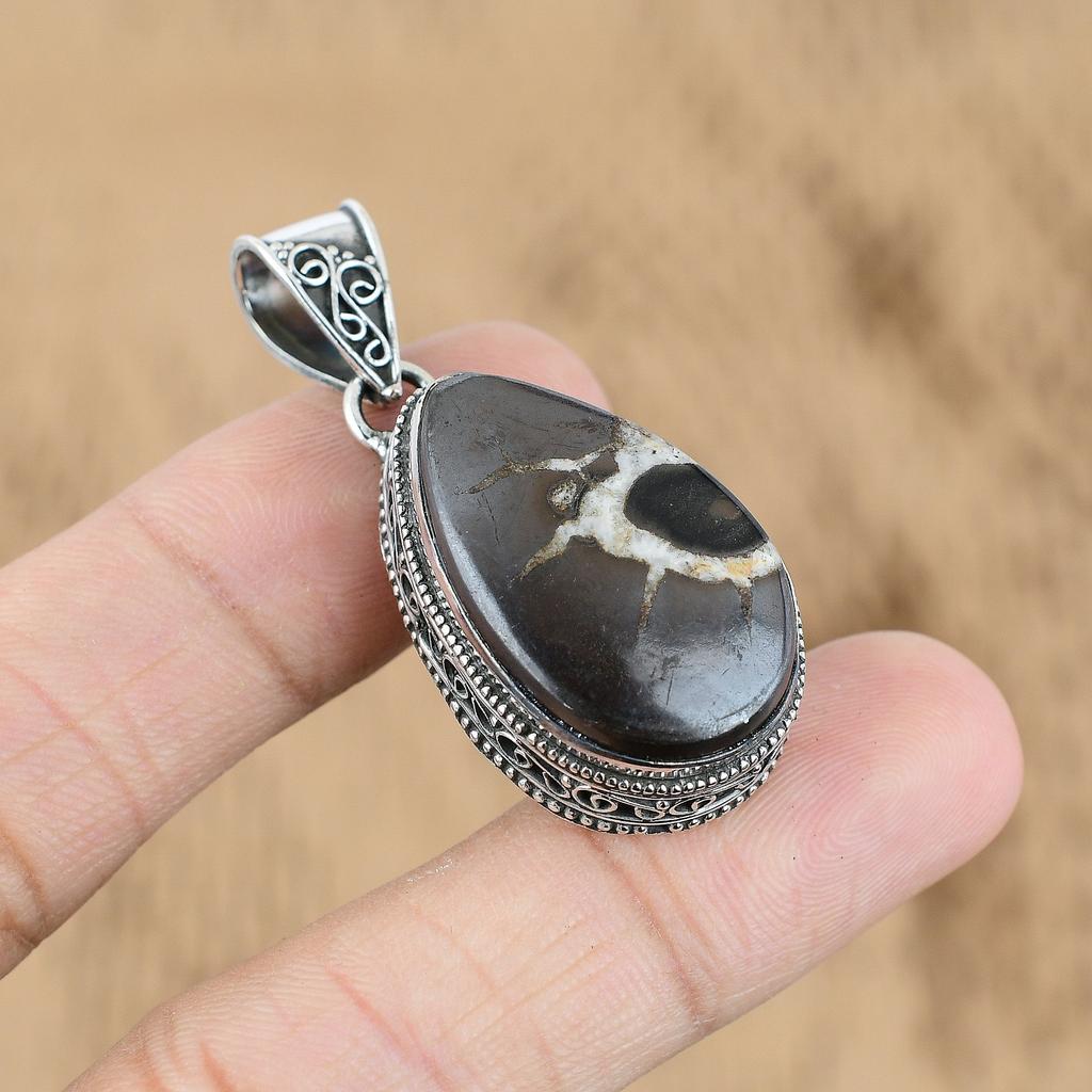 Marokkanischer Schlammriss Fossilstein Vintage Mutter Perlmutt Boho Anhänger 925 Sterling Silber