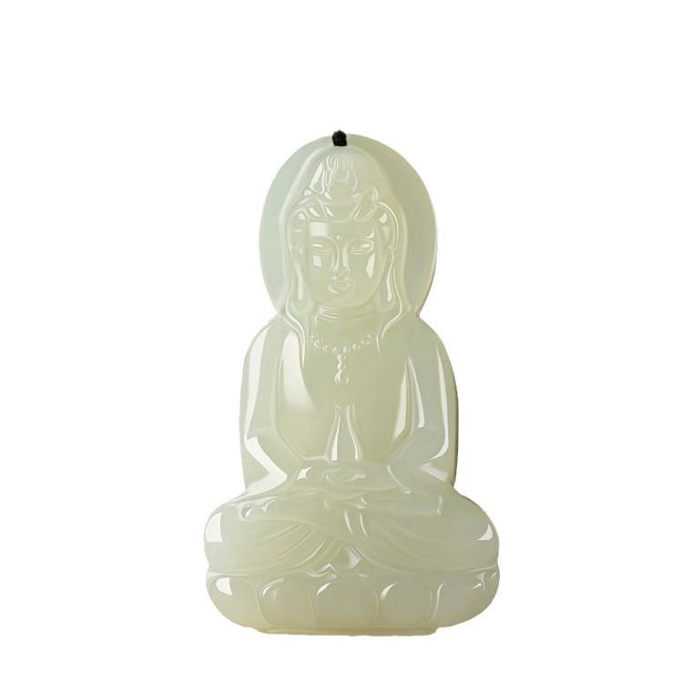 Authentic Xinjiang Hetian Jade Guanyin Pendant for Men - Exquisitely Carved Seated Guanyin Bodhisattva on Lotus.